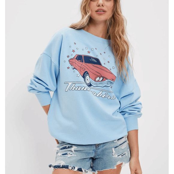 American Eagle NWT Oversized Thunderbird Graphic Sweatshirt Blue Sz Small MP $60 - Picture 1 of 14